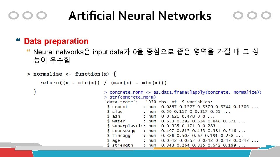 Artificial Neural Networks Data preparation Neural networks은 input data가 0을 중심으로 좁은 영역을 가질