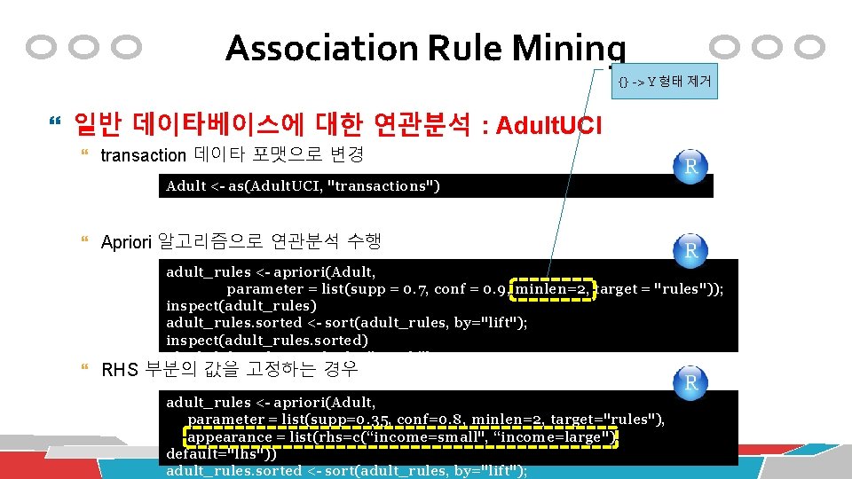 Association Rule Mining {} -> Y 형태 제거 일반 데이타베이스에 대한 연관분석 : Adult.