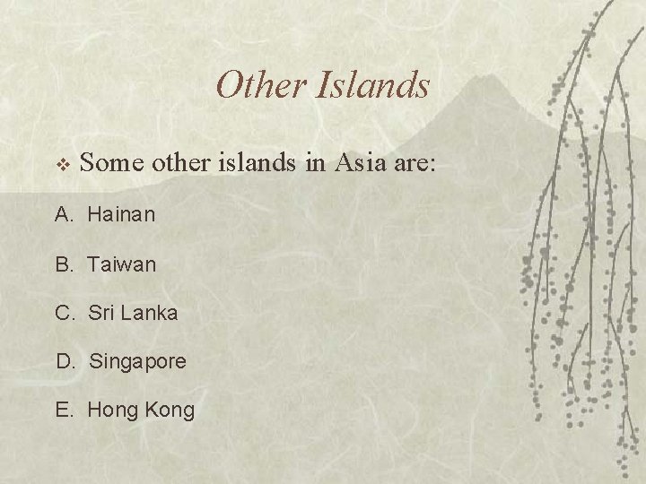 Other Islands v Some other islands in Asia are: A. Hainan B. Taiwan C.