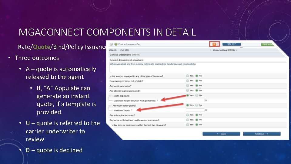 MGACONNECT COMPONENTS IN DETAIL Rate/Quote/Bind/Policy Issuance • Three outcomes • A – quote is