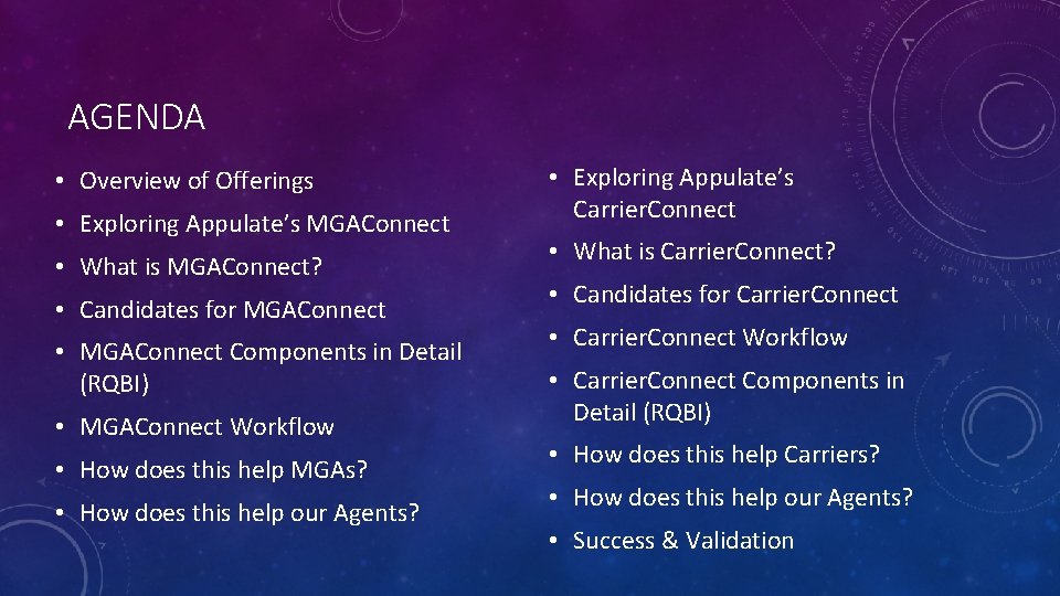 AGENDA • Overview of Offerings • Exploring Appulate’s MGAConnect • What is MGAConnect? •