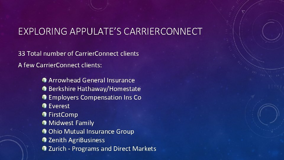 EXPLORING APPULATE’S CARRIERCONNECT 33 Total number of Carrier. Connect clients A few Carrier. Connect