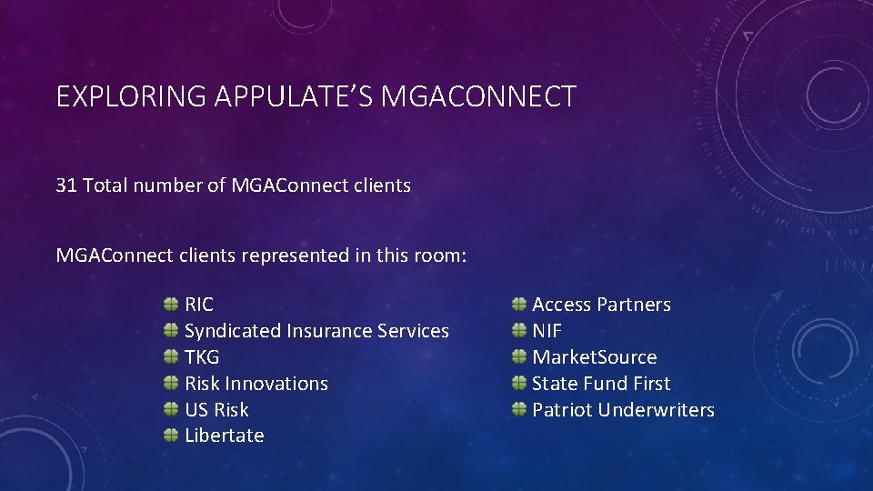 EXPLORING APPULATE’S MGACONNECT 31 Total number of MGAConnect clients represented in this room: RIC