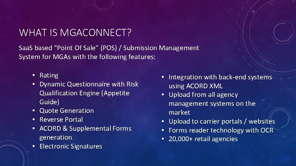 WHAT IS MGACONNECT? Saa. S based “Point Of Sale” (POS) / Submission Management System