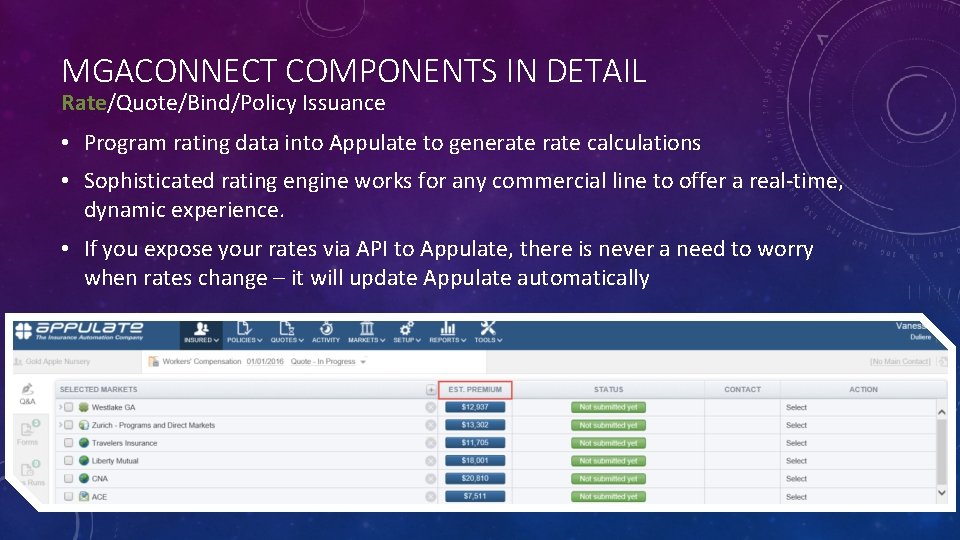 MGACONNECT COMPONENTS IN DETAIL Rate/Quote/Bind/Policy Issuance • Program rating data into Appulate to generate