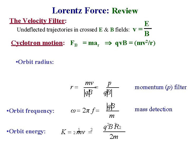 Lorentz Force: Review The Velocity Filter: Undeflected trajectories in crossed E & B fields: