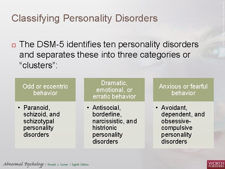 Classifying Personality Disorders The DSM-5 identifies ten personality disorders and separates these into three