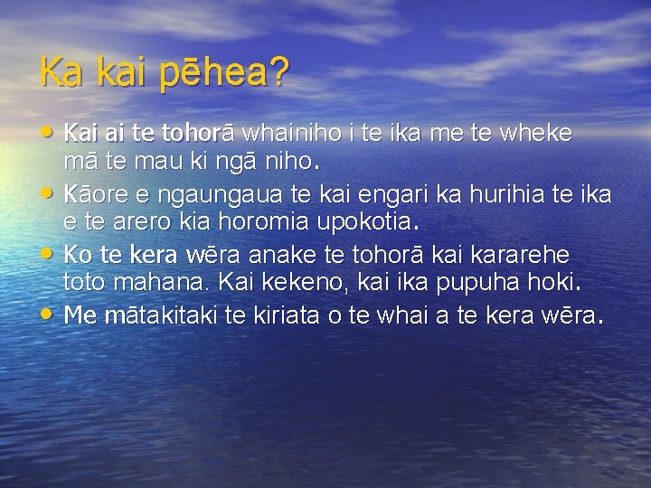 Ka kai pēhea? • Kai ai te tohorā whainiho i te ika me te