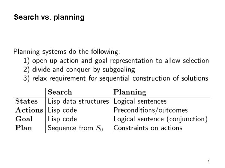 Search vs. planning 7 