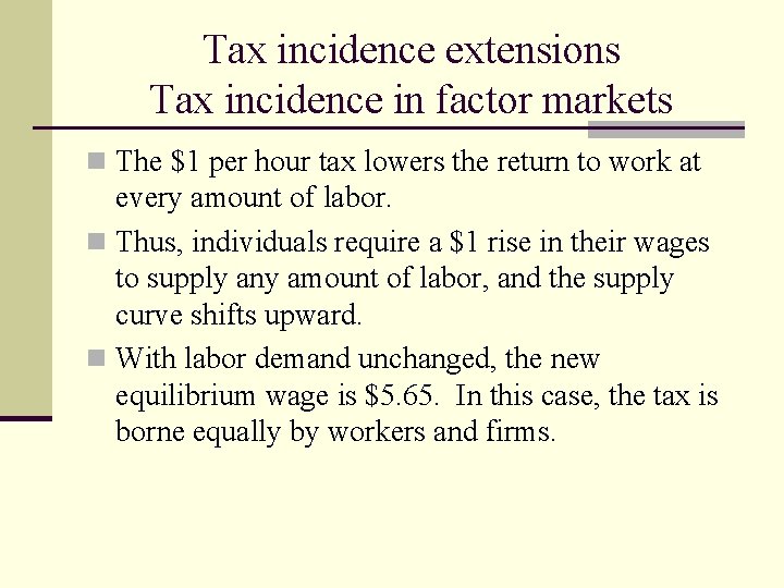 Tax incidence extensions Tax incidence in factor markets n The $1 per hour tax