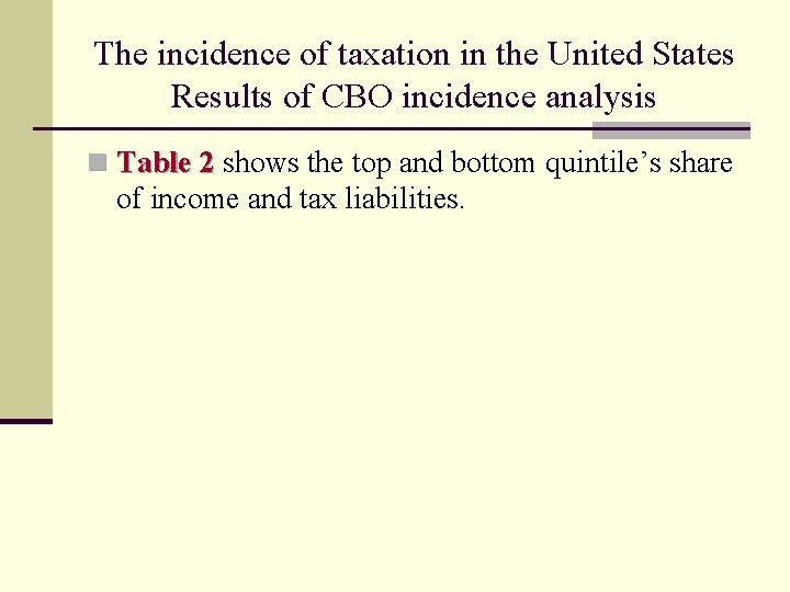 The incidence of taxation in the United States Results of CBO incidence analysis n