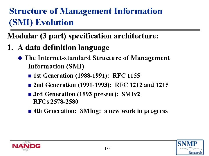 Structure of Management Information (SMI) Evolution Modular (3 part) specification architecture: 1. A data