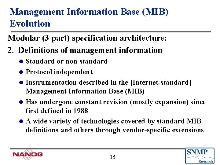Management Information Base (MIB) Evolution Modular (3 part) specification architecture: 2. Definitions of management