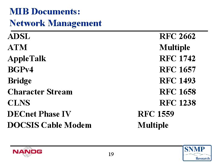 MIB Documents: Network Management ADSL ATM Apple. Talk BGPv 4 Bridge Character Stream CLNS