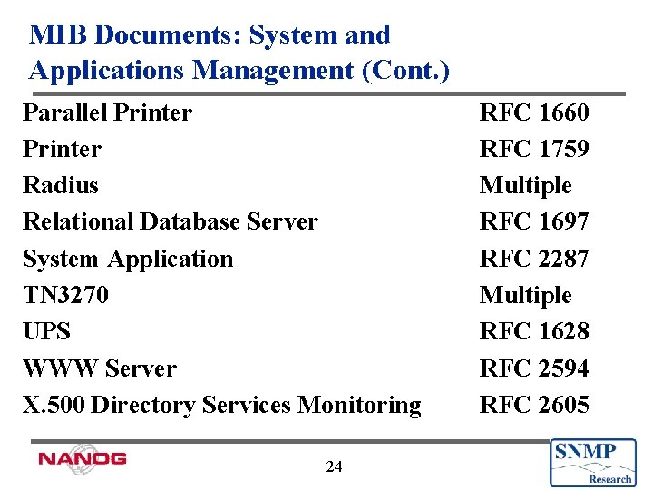 MIB Documents: System and Applications Management (Cont. ) Parallel Printer Radius Relational Database Server
