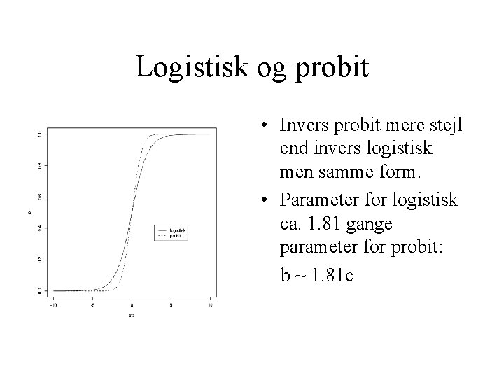 Logistisk og probit • Invers probit mere stejl end invers logistisk men samme form.