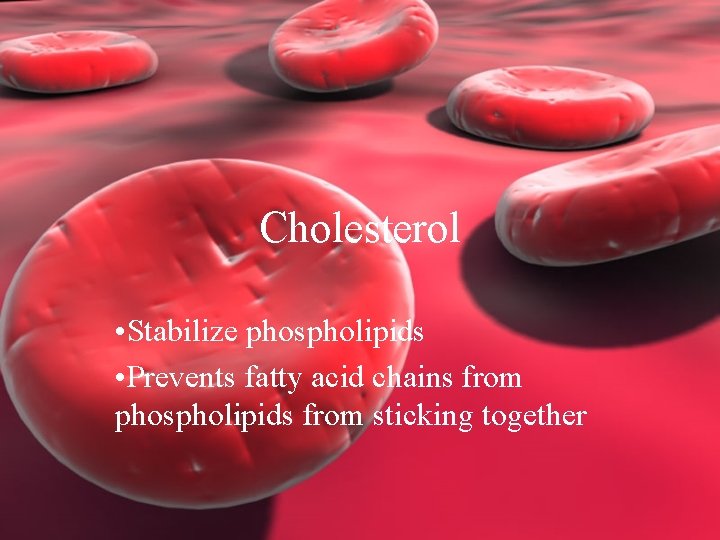 Cholesterol • Stabilize phospholipids • Prevents fatty acid chains from phospholipids from sticking together