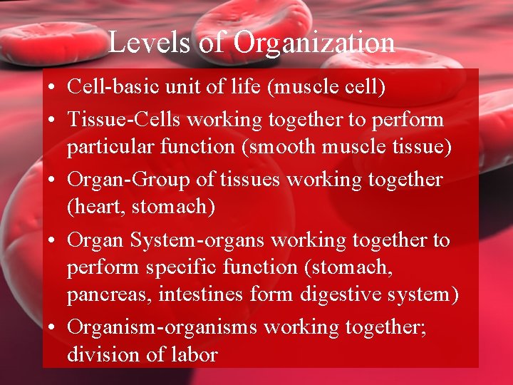 Levels of Organization • Cell-basic unit of life (muscle cell) • Tissue-Cells working together