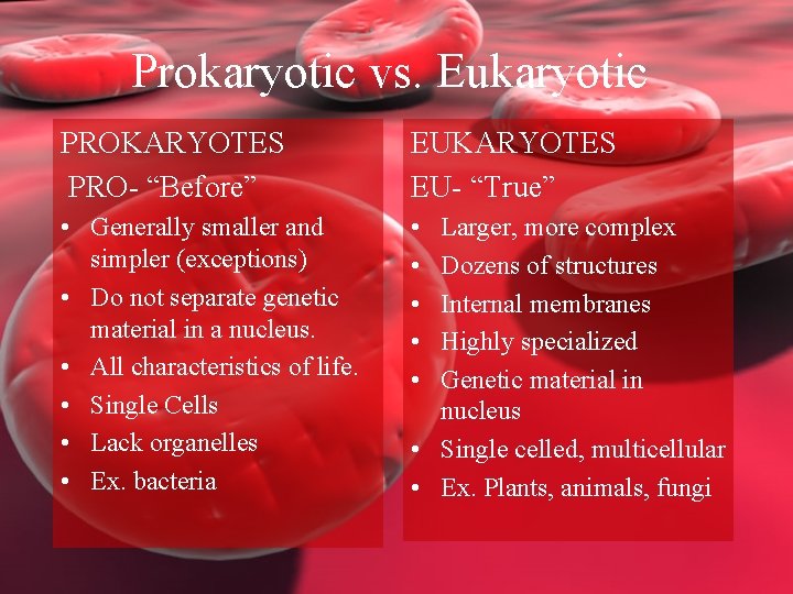 Prokaryotic vs. Eukaryotic PROKARYOTES PRO- “Before” EUKARYOTES EU- “True” • Generally smaller and simpler