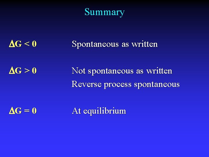 Summary G < 0 Spontaneous as written G > 0 Not spontaneous as written