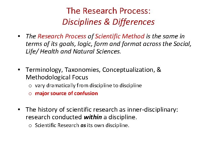 The Research Process: Disciplines & Differences • The Research Process of Scientific Method is