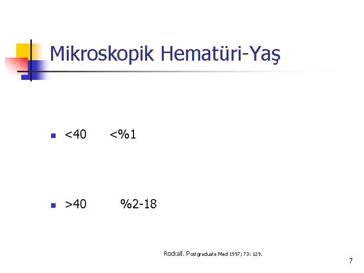 Mikroskopik Hematüri-Yaş n <40 n >40 <%1 %2 -18 Rockall. P ostgraduate Med 1997;