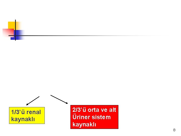 1/3’ü renal kaynaklı 2/3’ü orta ve alt Üriner sistem kaynaklı 8 
