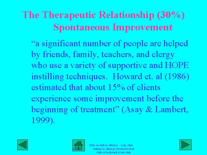 The Therapeutic Relationship (30%) Spontaneous Improvement “a significant number of people are helped by