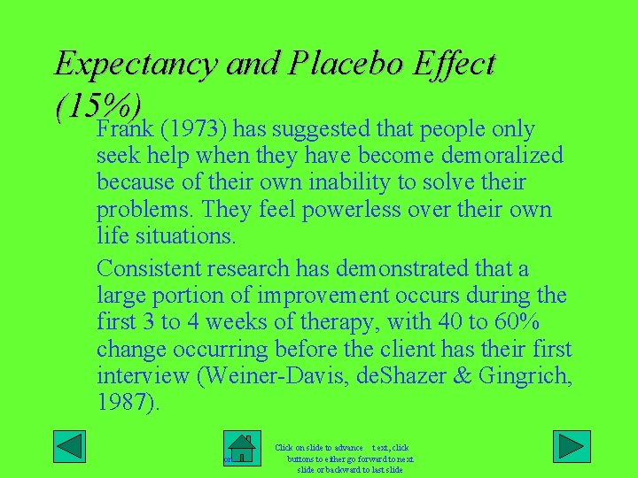 Expectancy and Placebo Effect (15%) Frank (1973) has suggested that people only seek help