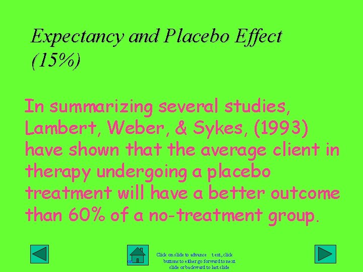 Expectancy and Placebo Effect (15%) In summarizing several studies, Lambert, Weber, & Sykes, (1993)
