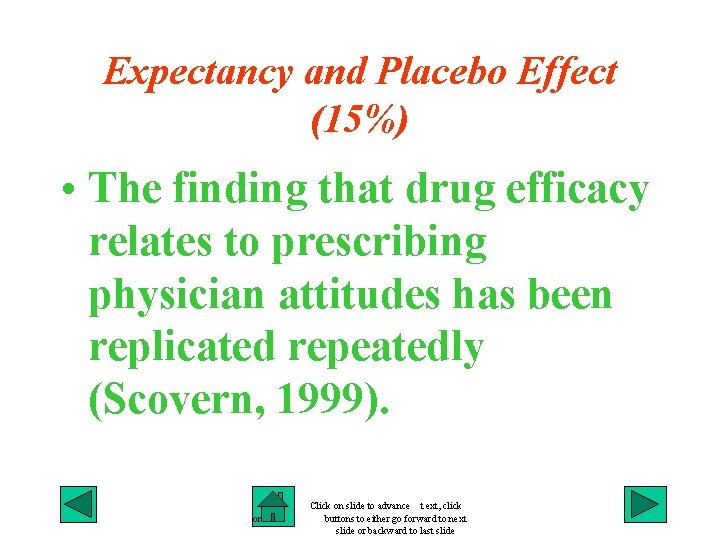 Expectancy and Placebo Effect (15%) • The finding that drug efficacy relates to prescribing
