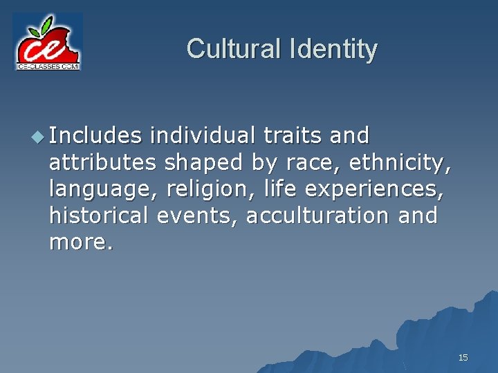 Cultural Identity u Includes individual traits and attributes shaped by race, ethnicity, language, religion,