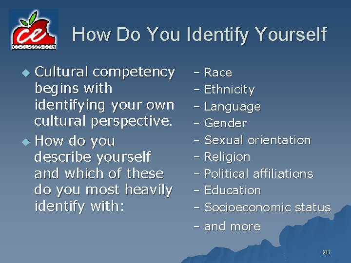 How Do You Identify Yourself Cultural competency begins with identifying your own cultural perspective.
