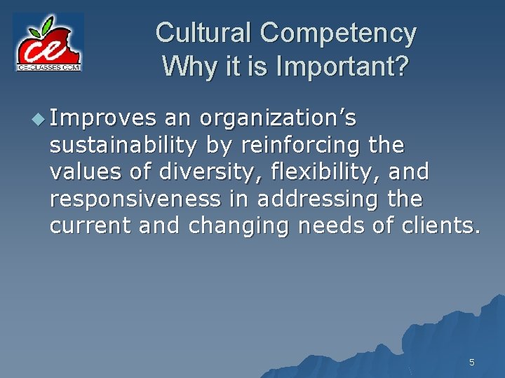 Cultural Competency Why it is Important? u Improves an organization’s sustainability by reinforcing the