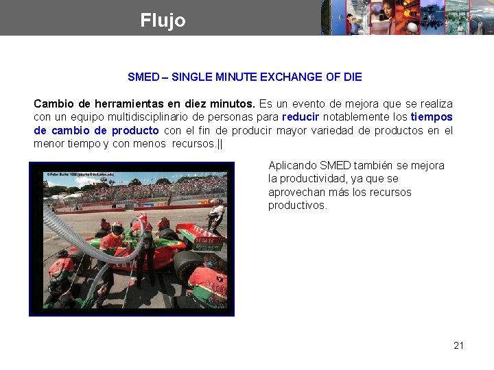 Flujo SMED – SINGLE MINUTE EXCHANGE OF DIE Cambio de herramientas en diez minutos.