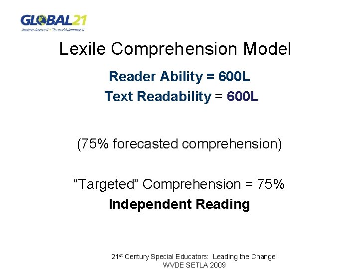 Lexile Comprehension Model Reader Ability = 600 L Text Readability = 600 L (75%