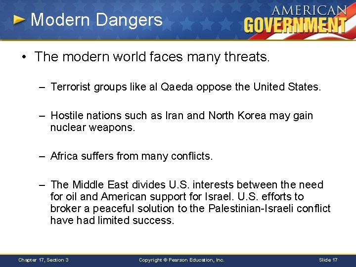 Modern Dangers • The modern world faces many threats. – Terrorist groups like al
