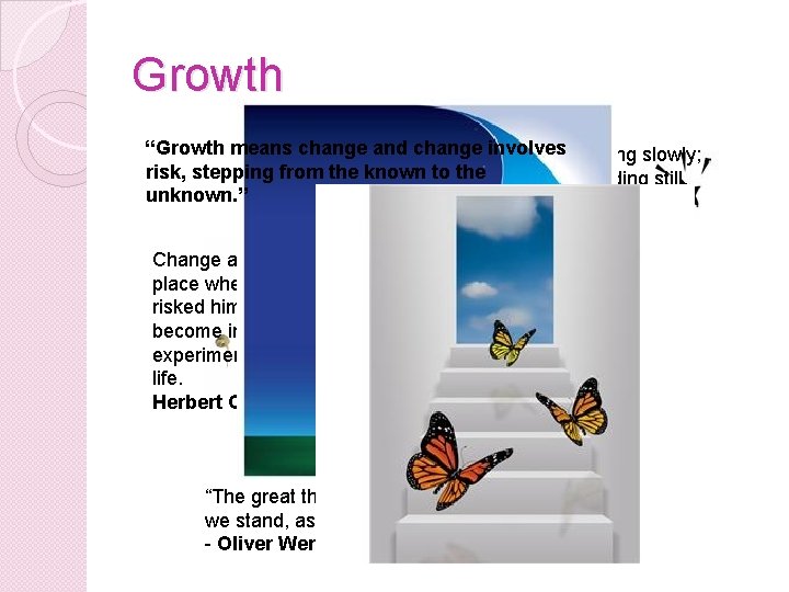 Growth “Growth means change and change involves Be not afraid of growing slowly; risk,