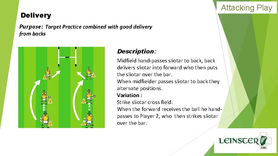 Attacking Play Delivery Purpose: Target Practice combined with good delivery from backs Description: Midfield