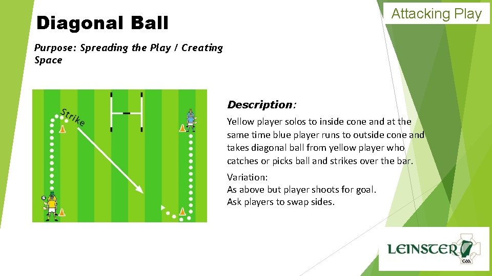 Attacking Play Diagonal Ball Purpose: Spreading the Play / Creating Space Description: Yellow player