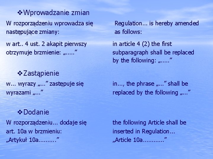 v. Wprowadzanie zmian W rozporządzeniu wprowadza się następujące zmiany: w art. . 4 ust. v. Wprowadzanie zmian W rozporządzeniu wprowadza się następujące zmiany: w art. . 4 ust.
