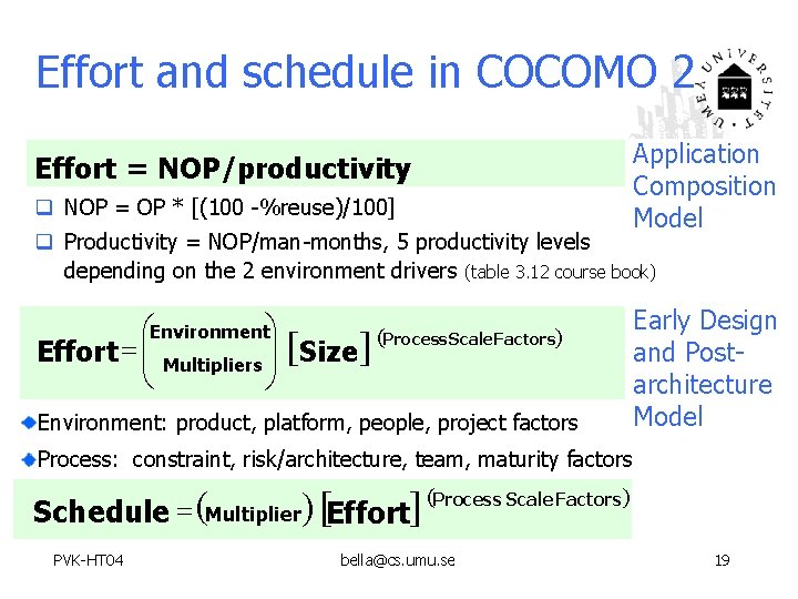Effort and schedule in COCOMO 2 Application Composition Model Effort = NOP/productivity q NOP