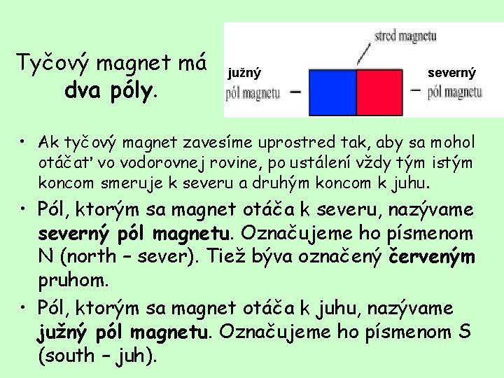 Tyčový magnet má dva póly. južný severný • Ak tyčový magnet zavesíme uprostred tak,