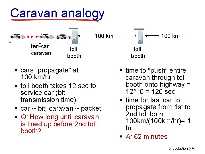 Caravan analogy 100 km ten-car caravan toll booth § cars “propagate” at 100 km/hr Caravan analogy 100 km ten-car caravan toll booth § cars “propagate” at 100 km/hr