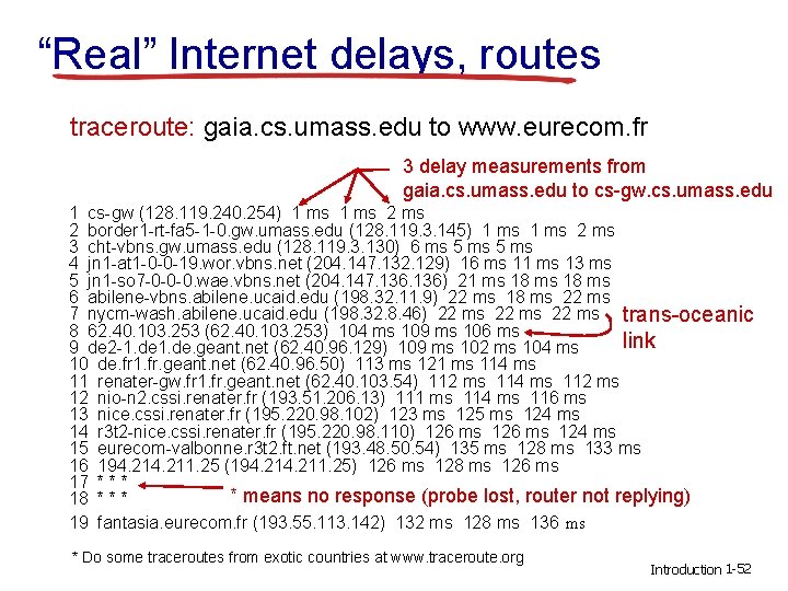 “Real” Internet delays, routes traceroute: gaia. cs. umass. edu to www. eurecom. fr 3 “Real” Internet delays, routes traceroute: gaia. cs. umass. edu to www. eurecom. fr 3