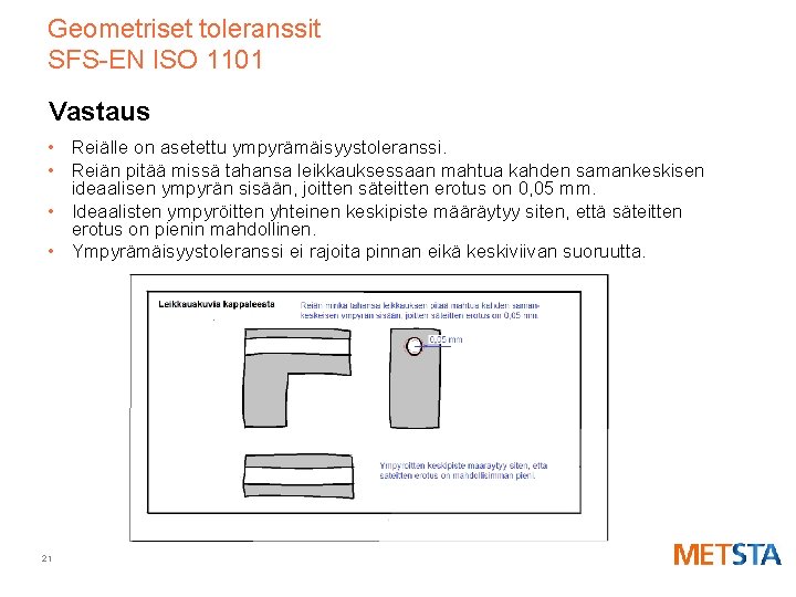 Geometriset toleranssit SFS-EN ISO 1101 Vastaus • Reiälle on asetettu ympyrämäisyystoleranssi. • Reiän pitää