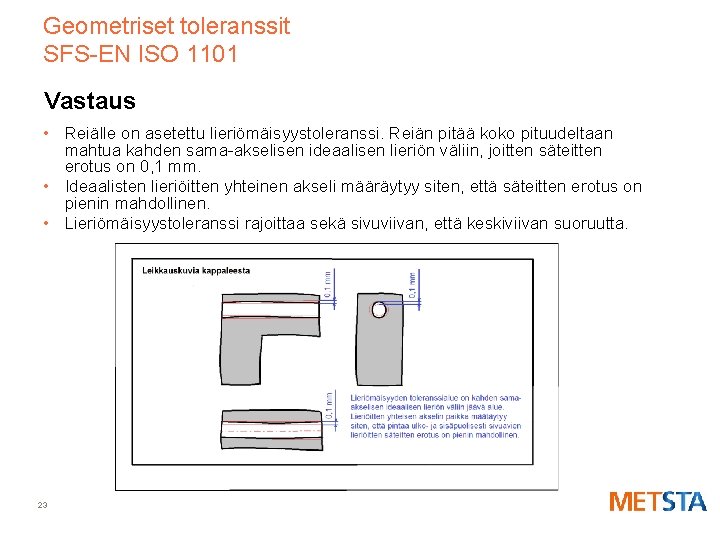 Geometriset toleranssit SFS-EN ISO 1101 Vastaus • Reiälle on asetettu lieriömäisyystoleranssi. Reiän pitää koko