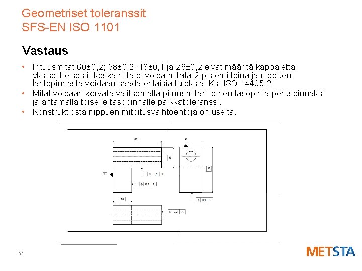 Geometriset toleranssit SFS-EN ISO 1101 Vastaus • Pituusmitat 60± 0, 2; 58± 0, 2;