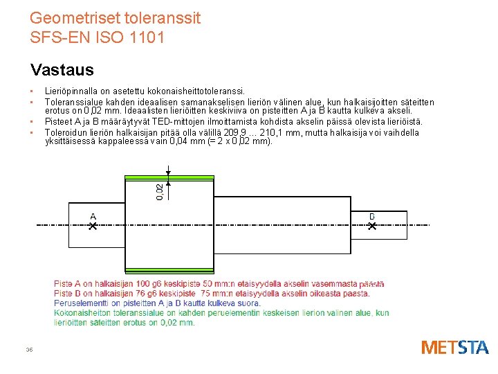 Geometriset toleranssit SFS-EN ISO 1101 Vastaus • • 35 Lieriöpinnalla on asetettu kokonaisheittotoleranssi. Toleranssialue