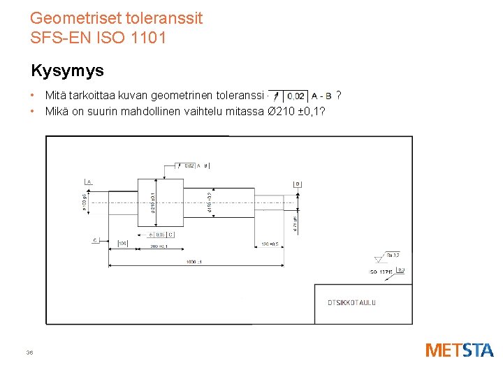 Geometriset toleranssit SFS-EN ISO 1101 Kysymys • Mitä tarkoittaa kuvan geometrinen toleranssi ? •